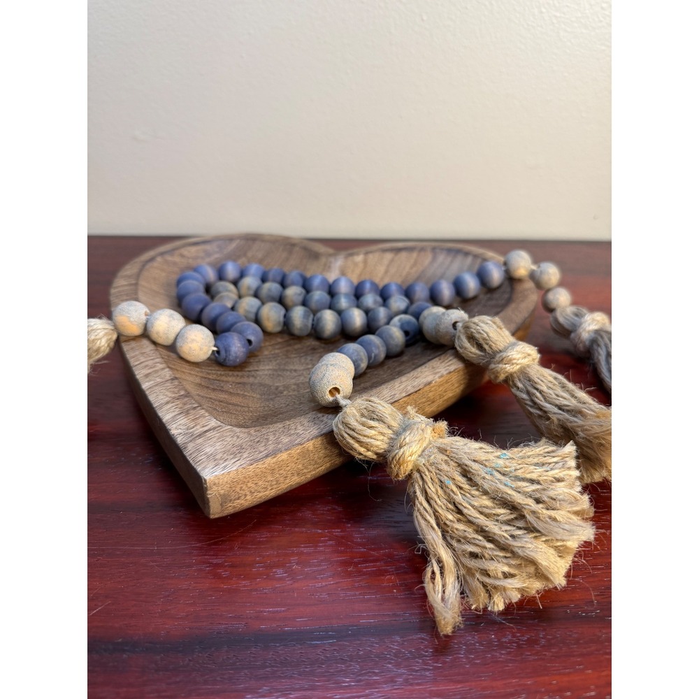 Set of 2 Blue and Natural Wood Bead Garland Farmhouse Decor with Jute Tassels